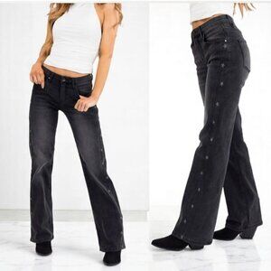 NWT Risen Black Star Print Straight Leg Mid Rise Denim Jeans Size 11/30